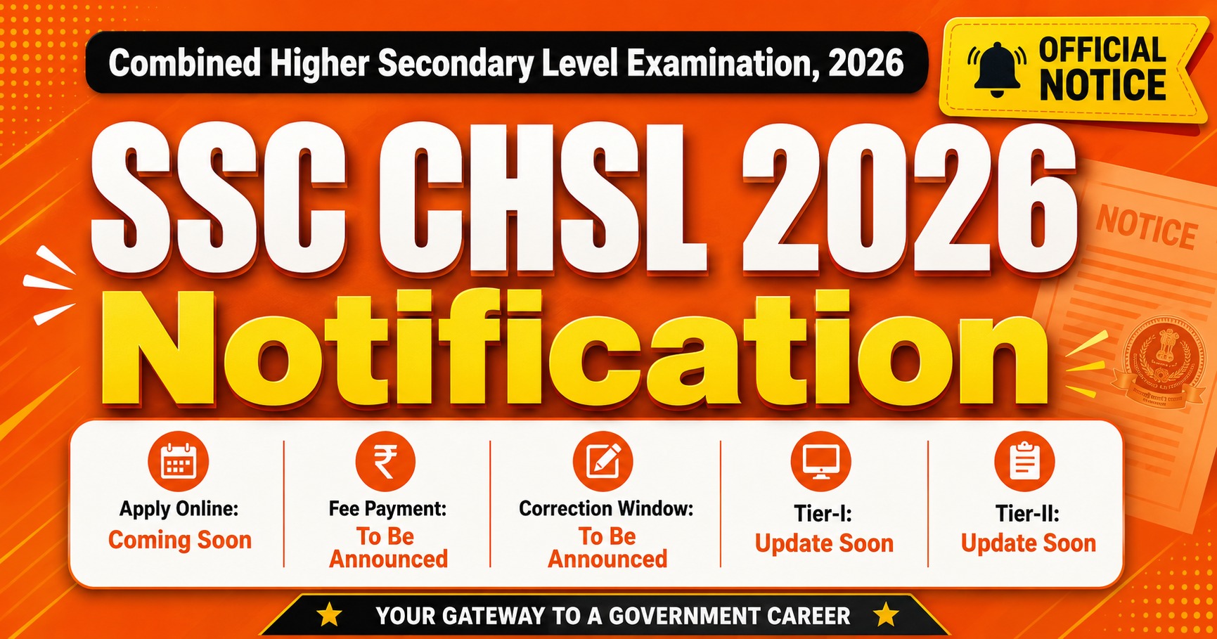 SSC CHSL 2026 Notification – Combined Higher Secondary Level Examination 2026 (Apply Online: Coming Soon)