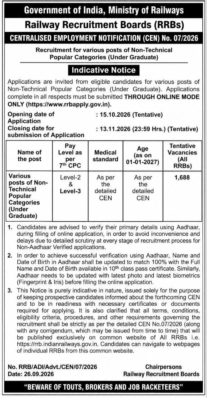 RRB NTPC UG 2026 indicative notice CEN 07/2026